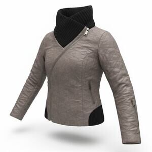 Punto Gray Quilted Genuine Leather Jacket Moto Knit Collar Size 10
